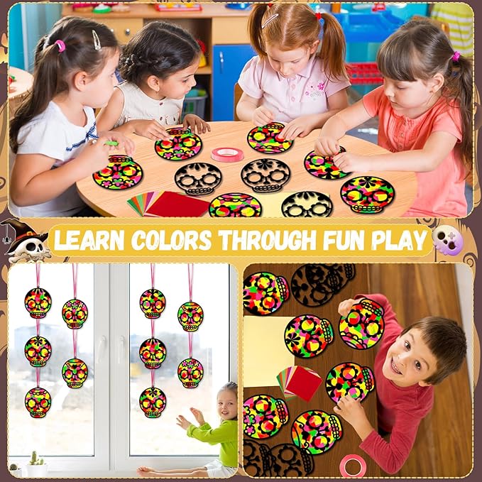 Qyeahkj 36 Set Day of The Dead Suncatchers Crafts for Kids DIY Skull Window Tissue Paper Craft Kit Hanging Decor for Mexico Home Activity Art Project Birthday Party Favor Gift