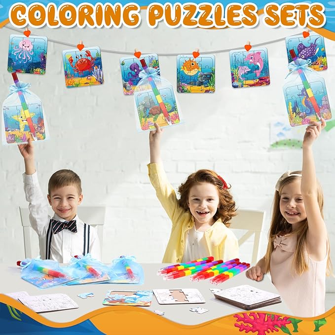 12 Sets Sea Animal Puzzles Summer Color Your Own Puzzles DIY Ocean Jigsaw Crafts with 12 Stackable Crayons and 12 Bags for Ocean Theme Gifts Birthday Party Supplies(12, Sea)