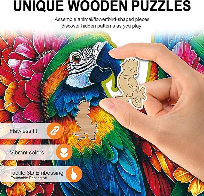 Wooden Puzzles for Adults Floral-Winged Parrot Puzzle - Laser-Cut Unique Shaped Stress Relief Jigsaw Puzzle, Wall Art Home Decor Gift for Family (14.9"×11.1" 200pcs)