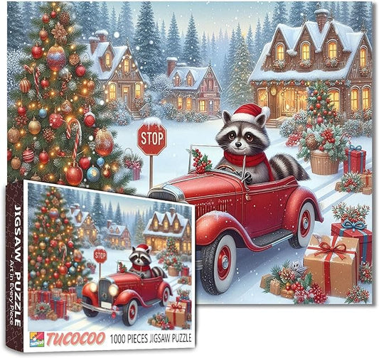Christmas Puzzle 1000 Pieces - Winter Snow Scene Holiday Painting Jigsaw Jigsaw(Raccoon,Red Car,Wooden House,Animal,Snowy village,Christmas Trees)for Adults Kids Family Fun,Home Decor Friendship Gift