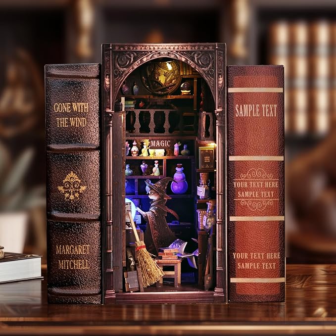 Magic Wizard Cat 3D Book Nook Kit, DIY Miniature House Booknook Dollhouse Kit for Adults and Teens, 3D Wooden Puzzle Bookend Bookshelf Insert Decor, Mini Magic House Model Build Gift