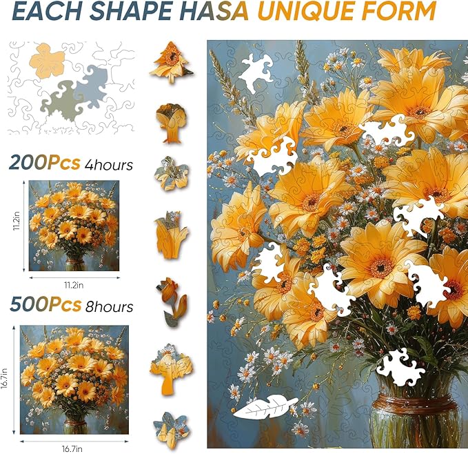 Flower Wooden Puzzles for Adults- Daisy Wooden Jigsaw Puzzles 200 Pieces, 11.2 inch Medium Family Reunion Puzzle for Adults and Kids, Exquisite Packaging, Best for Mothers Family