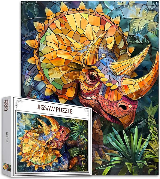 1000 Piece Jigsaw Puzzles for Adults, Stained Glass Dinosaur Jigsaw Puzzles,Colorful Stained Glass Triceratops Puzzle,Challenging Family Activity Perfect for Game Nights,Puzzle as Wall Art Decor