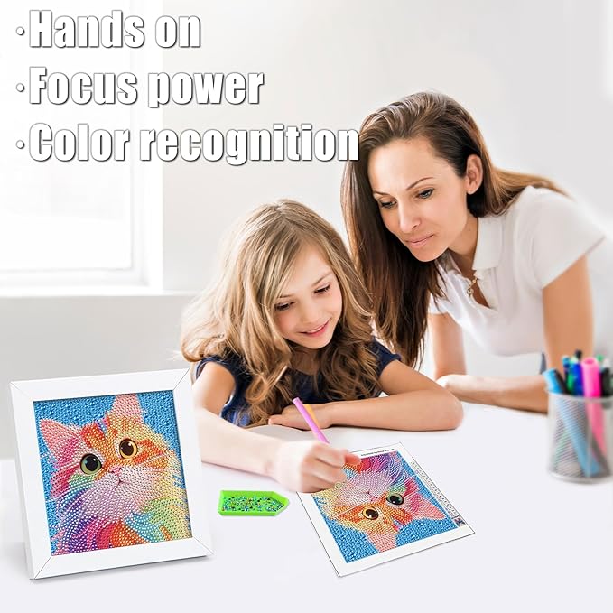 geesfayan Diamond Art Kits for Kids Ages 8-12,6 Inch DIY Gem Art Painting with 7 Inch Frame, Complete Starter Kit for Beginners, Creative Arts & Crafts Gift for Girls & Boys (Colorful Cat)