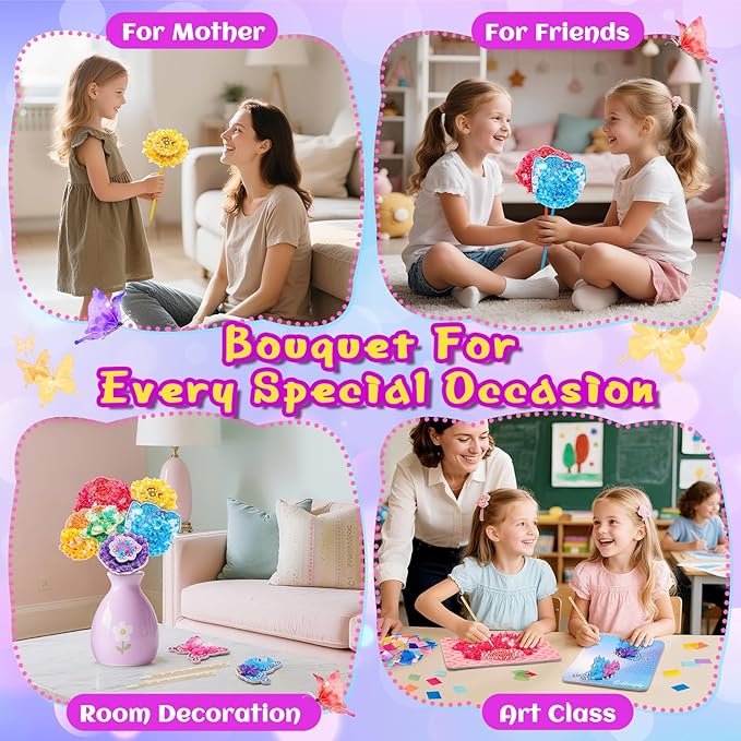 CrispPlay Crafts for Kids Ages 4-8 8-12 Girls Toys, 8pcs Poke Art Craft Kits for 4 5 6 7 8 9 Year Old Girls Birthday Christmas Gifts, DIY Bouquet & Butterfly, Mess Free