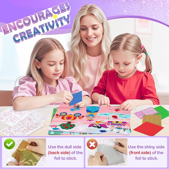 Foil Arts and Crafts for Kids Ages 4-8, No Mess Princess Fun Foil Art Craft Supplies Kits, DIY Creative Activity Travel Toys, Sticker Coloring Books, Gifts for 4 5 6 7 8 9 10 Year Old Girls Boys
