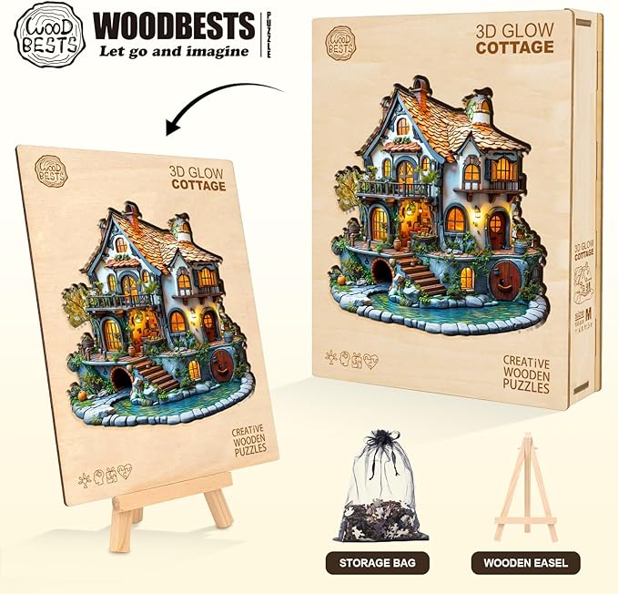 Wooden Puzzles for Adults, Wooden Jigsaw Puzzles for Adults Kids, 3D Glow Cottage Unique Shaped Wood Puzzles Adult, Creative Gifts for Friends Family Game, Home Decor(11.4 * 11.3in 185pcs)
