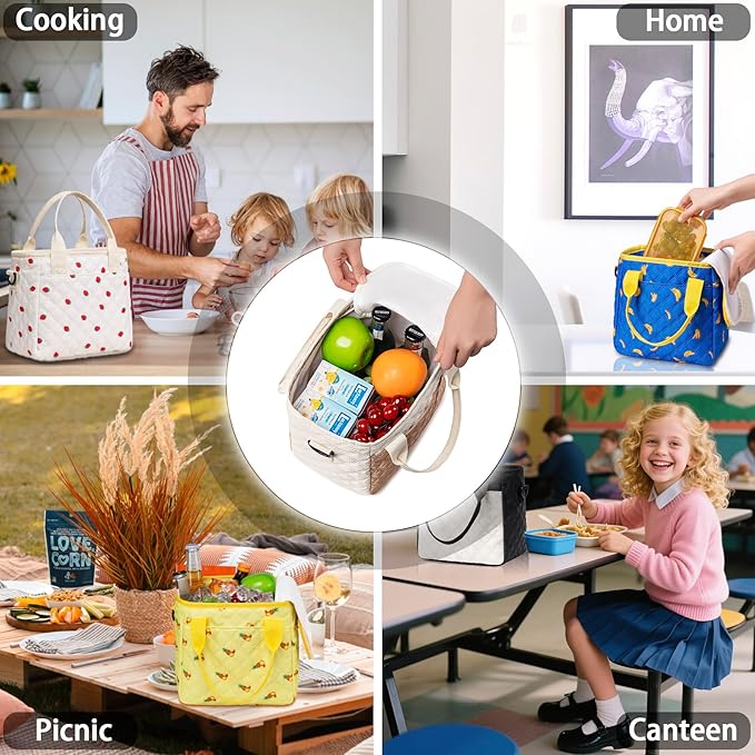 Cute Stylish Small Insulated Lunch Bag for Women Men Kids, Ultrasonic SoftTouch LunchBox for School, Office, Picnic, Durable Lunch Tote with Adjustable Strap & Dual Zippers, Cream&Coffee