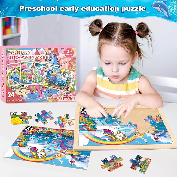 Wooden Puzzles for Kids Ages 4-6, Large 24 PCs Unicorn Mermaid Princess, Jigsaw Puzzles for Kids Ages 3-5, Preschool Educational Learning Toy for Boys and Girls