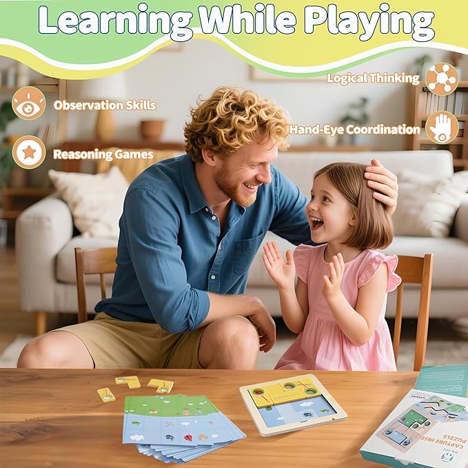 Insect Catching Puzzle Game for Kids Ages 3-8, 30 Double-Sided Challenge Cards Montessori Learning Toys, Strategic Board Game with Bug Catching Net Tiles, for Boys Girls