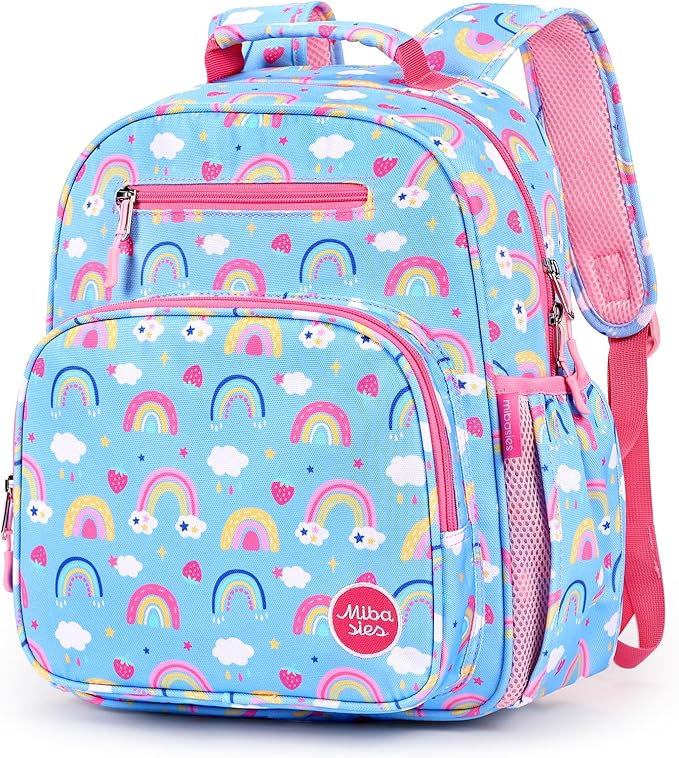 mibasies Kids Backpack for Girls: Girls Backpack 5-8 - Kindergarten Elementary School Bookbag for Girl - Rainbow Blue