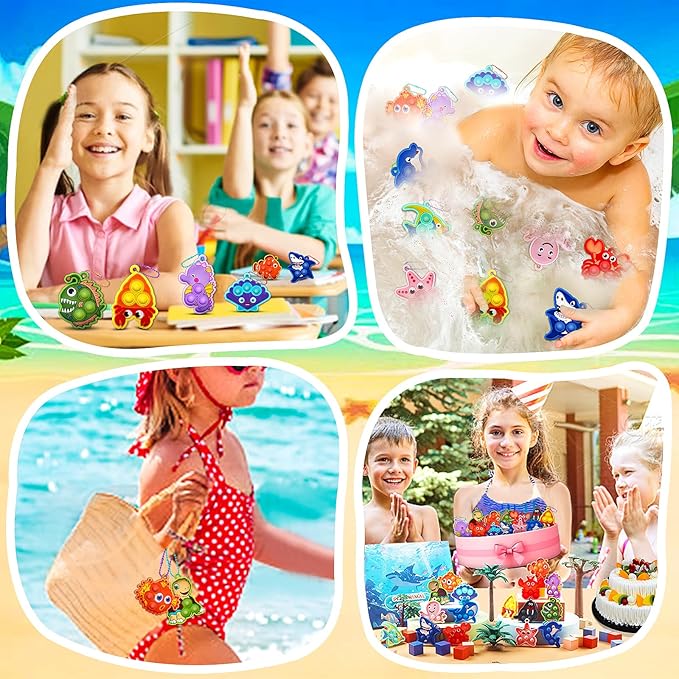 Party Favors for Kids 16PCS Sea Animal Sensory Toys, Mini Pop Fidget Toys Keychain for Kids, Goodie Bag Stuffers, Carnival Birthday Gifts, Classroom Prizes