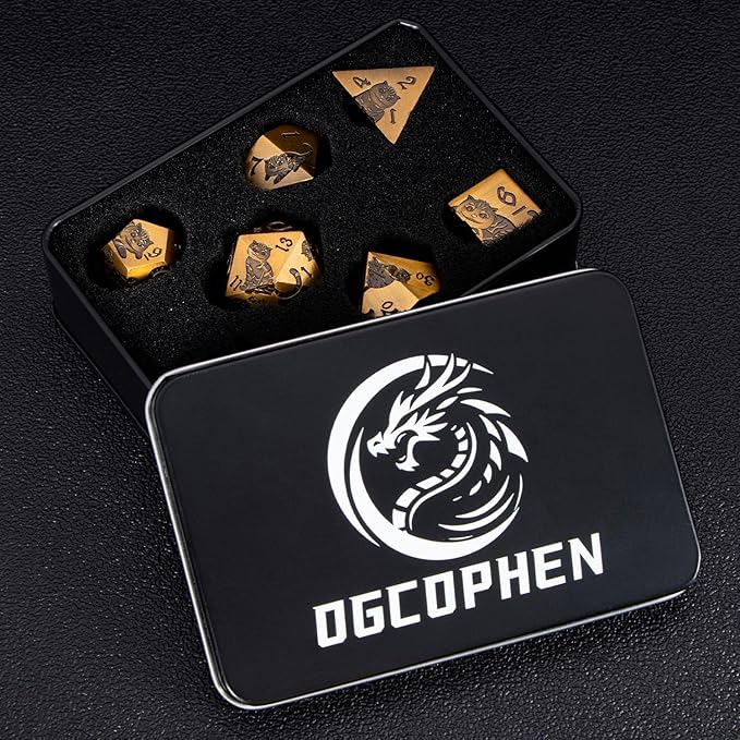 Metal DND Cat Dice Polyhedral RPG Dice Set with Gift Case for Dungeons Dragons Role Playing Game, 7PCS D and D Dice D6 D8 D10 D12 D20 D% (Antique Gold)