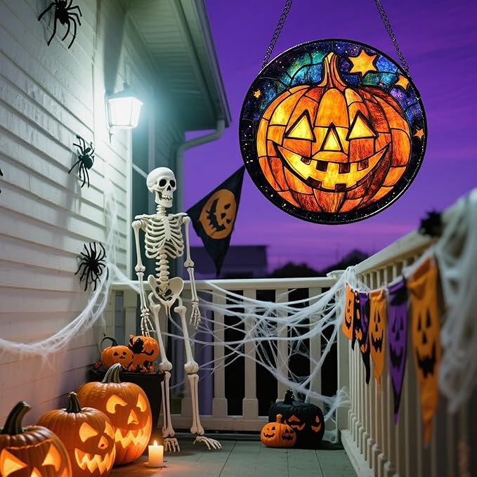 Stained Glass Window Hanging Halloween Horror Golden Pumpkin 6.3" - Suncatcher Door Garden Sunroom Gothic Style Sun Catcher Birthday for Friend Mom Men Woman Nana