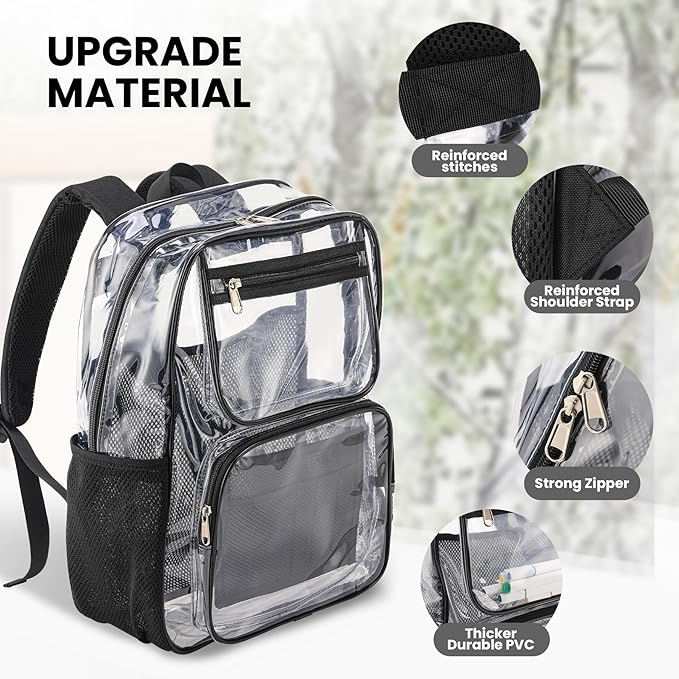 Lightweight Clear Bookbag for School or Stadium Events - Black Transparent Plastic See-Through Backpack Black