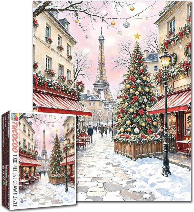 Merry Christmas 1000 Piece Jigsaw Puzzle for Adults America Eiffel Tower Painting Jigsaw Puzzle 1000 Pieces Cafe Puzzles 20''x27”inch Chrsitmas Xmas Trees DIY Puzzle Art Wall Decor Family Challenging