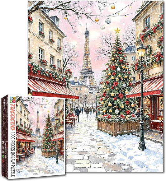 Merry Christmas 1000 Piece Jigsaw Puzzle for Adults America Eiffel Tower Painting Jigsaw Puzzle 1000 Pieces Cafe Puzzles 20''x27”inch Chrsitmas Xmas Trees DIY Puzzle Art Wall Decor Family Challenging