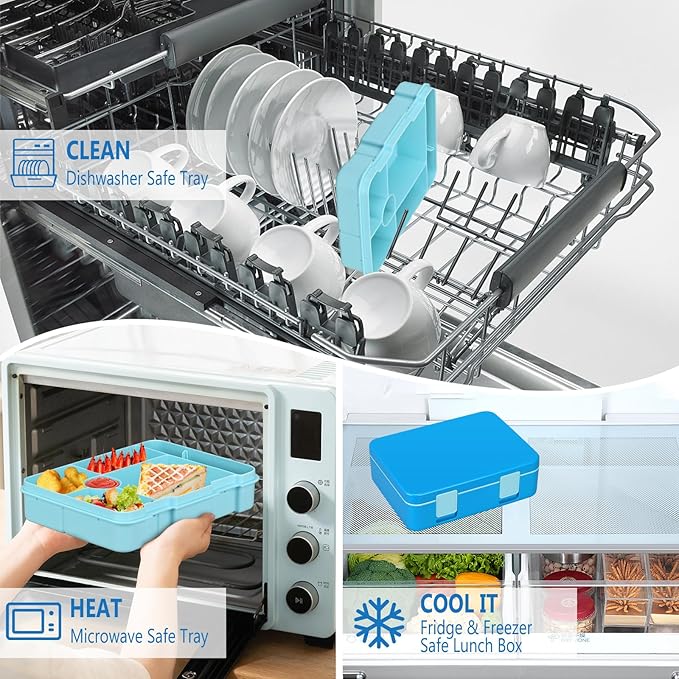 Kids Bento Lunch Box with Ice Pack, 5 Compartments Leak-Proof Bento Box with Utensils, 5.5-Cup Capacity for Adults & Ages 8+, BPA Free, Microwave & Dishwasher Safe, Blue