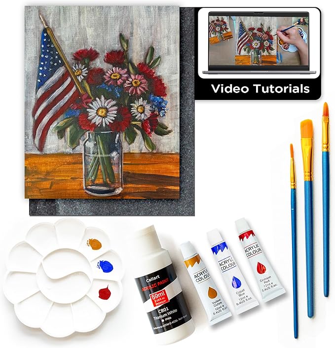 Painting4Real DIY Painting Class Kit for Adults: Learn to Paint Flag Floral with Video Tutorials – Art Decoration for Independence Day – Hang This Picture/Art as Wall Decor Once Completed
