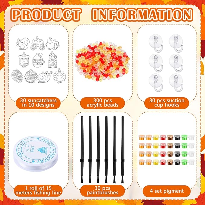 Yaomiao 30 Sets Fall Thanksgiving Suncatchers Art Kits DIY Turkey Squirrel Drawing Crafts Bulk Paint Your Own Window Ornaments for Boys Girls Home Class Birthday Autumn Party Favors Gifts