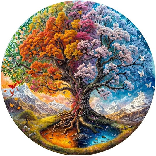 Wooden Puzzles Adults, Seasonal Tree of Life Wooden Puzzles 300 Pieces, Unique Animal Shaped Wood Challenging Jigsaw Puzzles for Adults, 13.4x13.4in