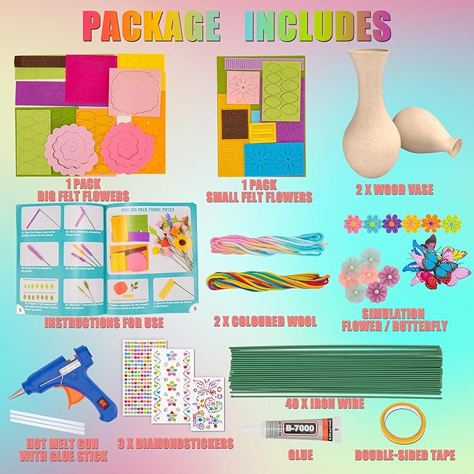 FTBox Crafts Kit for Girls Ages 6-12, Felt Flowers Bouquet and Art Craft Project for Girls, DIY Activity Christmas Birthday Gift for Kids Age 6 7 8 9 10 11 12 Year Old (Wood Vases)