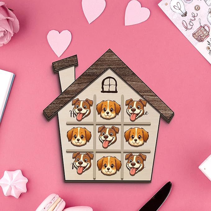 Personalized Dog XO Board Game, Personalized Cute Dog Wooden Noughts and Crosses Game, Pet Table Decor Road Trip Travel Game for Family (Dog 1)