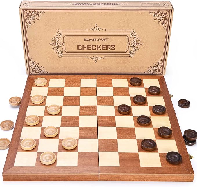 VAMSLOVE 14inch Checkers Folding Wooden Game Set, 8x8 Classic Checkerboard International Checkers Draughts Board 64 Square with Pieces Storage Slots (Instructions Included)