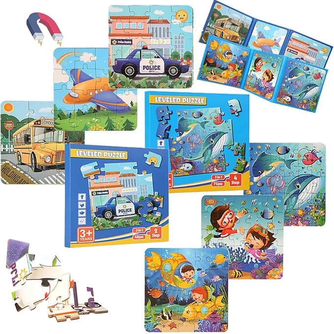 2 Pack Magnetic Puzzles Toys for Kids Age 3-5, Magnets Puzzle for Childrens, Ideal Gifts for Toddler, Educational Sensory Wooden Puzzles, Preschool Toys (2 Pack, Vehicles + Ocean)