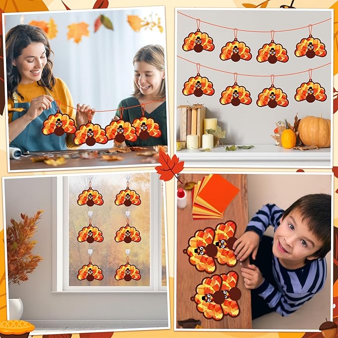 Qyeahkj 36 Set Thanksgiving Turkey Suncatchers Craft Crafts for Kids DIY Fall Window Tissue Paper Craft Kit Autumn Hanging Decor for Harvest School Home Activity Art Project Birthday Party Favor Gift