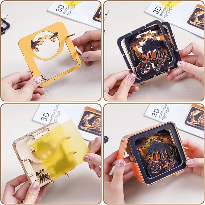 3D Puzzle Nightlight-DIY LED 3D Halloween Wolf Light Wooden Jigsaw Puzzle-Art Lamp and Craft Kits for Kids and Adults-Birthday Gifts Toys-Home Desk Decor Family Game