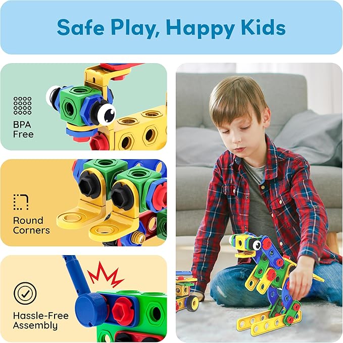 PicassoTiles 201pc STEM Learning Block Construction Kit with Power Drill and Clickable Ratchet Educational Engineering Toy Set Kids Age 3 Plus Preschool Activity Creative Play with Idea Book PTN201