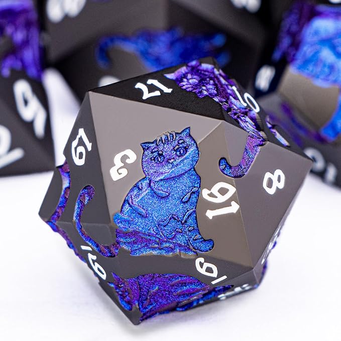Metal DND Cat Dice 7PCS Polyhedral RPG Dice Set with Gift Case for Dungeons Dragons Role Playing Game, D and D Dice D6 D8 D10 D12 D20 D% (Blue Purple)