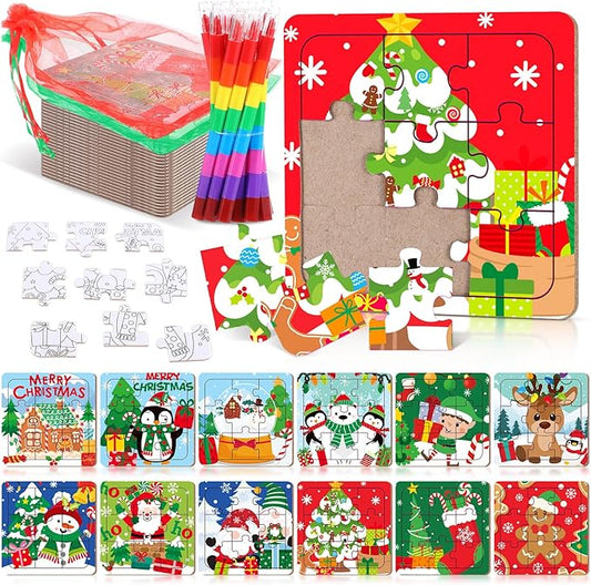 24 Sets Christmas Puzzles Color Your Own Puzzles DIY Jigsaw Crafts with 24 Stackable Crayons and 24 Bags for Learning Education Toys Gifts Prizes Birthday Party Supplies(24, Christmas)