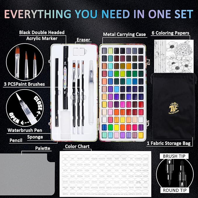 TBC The Best Crafts 84 Colors Watercolor Paint Set For Kids, Students and Artists, Amateur,Beginner.Set includes Coloring Sheets, Black Dual Tip Acrylic Paint Markers, Storage Bag