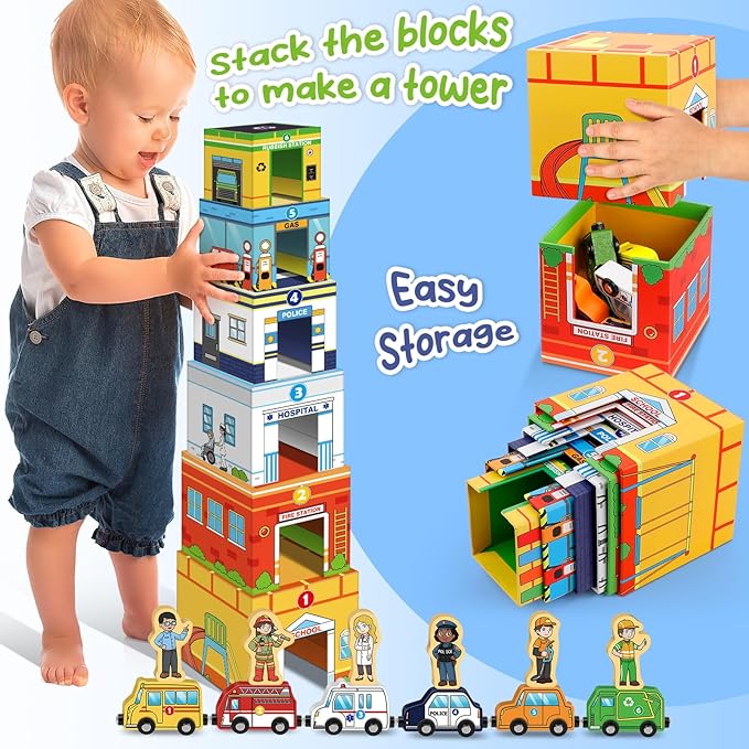 Aizweb Magnetic Wooden Vehicle Stacking Set,Sorting & Building STEM Blocks Cars Toys for Toddlers,Cardboard Educational Preschool Kindergarten Learning Montessori Toys for 1 2 3 Year Old Boys Girls
