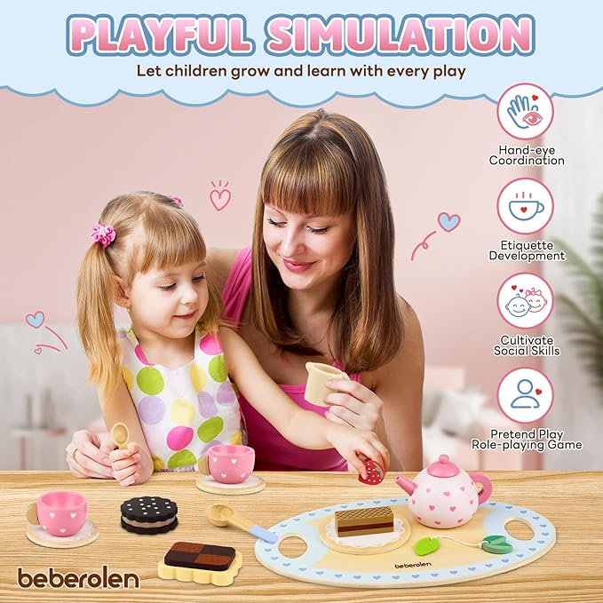 Wooden Tea Set for Little Girls Birthday Gift 2-4 Year Old Princess Toys Play Food Sets for Kids Kitchen Accessories Toddlers 3-5 Outdoor Party 1-3 Pretend Food Dessert Cookies Wood Toy