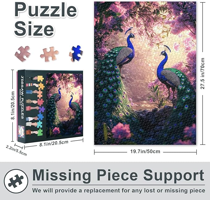 1000 Piece Jigsaw Puzzle for Adults - Majestic Peacocks in Blooming Garden with Vibrant Floral Art, Premium 27.5x19.7 in Puzzle Board, Exotic Bird & Flower 1000-Piece Puzzle for Adults