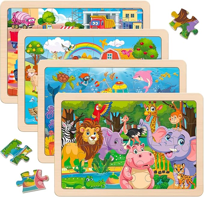 Wooden Puzzles for Kids Ages 4-6, 4 Packs 24 PCs Jigsaw Puzzles Preschool Educational Toys Gifts for Children Ages 3-8, Kids Puzzle for 3+ Year Olds Boys Girls
