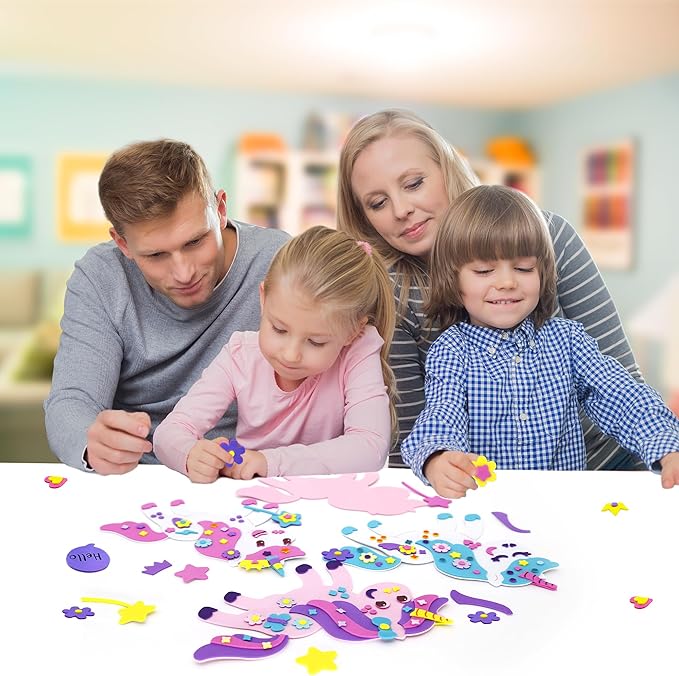 VKPI 4 Pieces EVA Foam Art Crafts Gift Kit, Make Create Your Own Unicorns, Cartoon Foam Paper Craft Projects for Kids Ages 4+ Toddler, Preschool Learning Toy for Birthday Party Favor Supplies