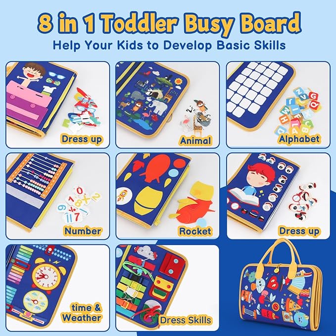 Montessori Busy Book for Toddlers Age 3-5, 12-in-1 Toddler Learning Activities, Preschool Educational Sensory Toys, Travel Airplane Car Toy , Fine Motor Skills Book, Birthday Gift for Boys Girls