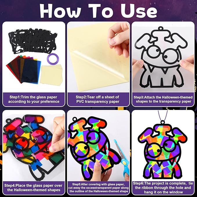 32 Sets Halloween Monster Suncatchers Craft Kit DIY Window Stained Glass Effect Halloween Monster Paper Crafts Home School Classroom Decoration Kid Birthday Gift Creative Art Project Activity Game