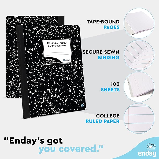 Composition Notebooks College Ruled Paper Bulk, Black Marble Composition Notebook, Premium Hard Cover Lined Composition Books, 100 Sheets Ruled Notebook for School and Office (48 Pack) - by Enday