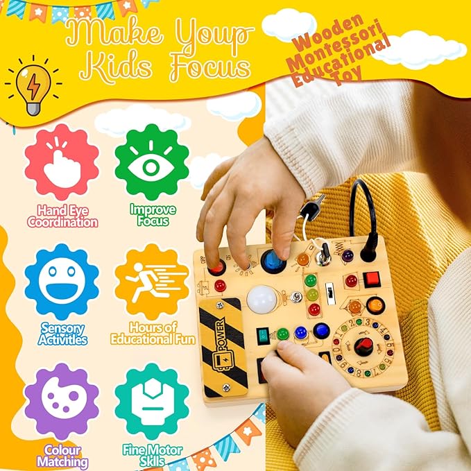 RichBoy Busy Board for 1-3 Year Old, 37 in 1 LED Light Up Wooden Sensory Montessori Switch Board Toy for Toddlers Travel Gift (6.7" x 5.3")