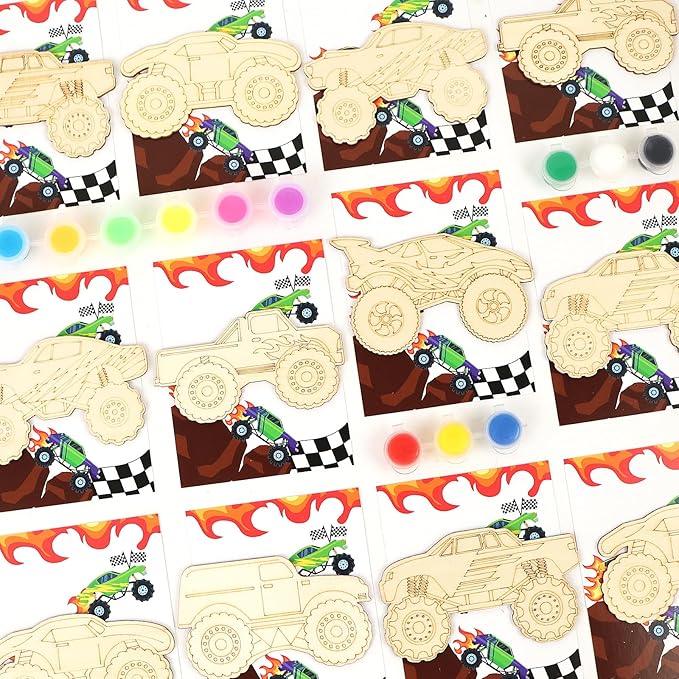 LARDUX Monster Truck Party Favors, 24PCS DIY Wooden Arts & Crafts Painting Kit for Kids, Glow in The Dark Party Favors Family Crafts Birthday Party Christmas Gifts Toys for Boys Girls