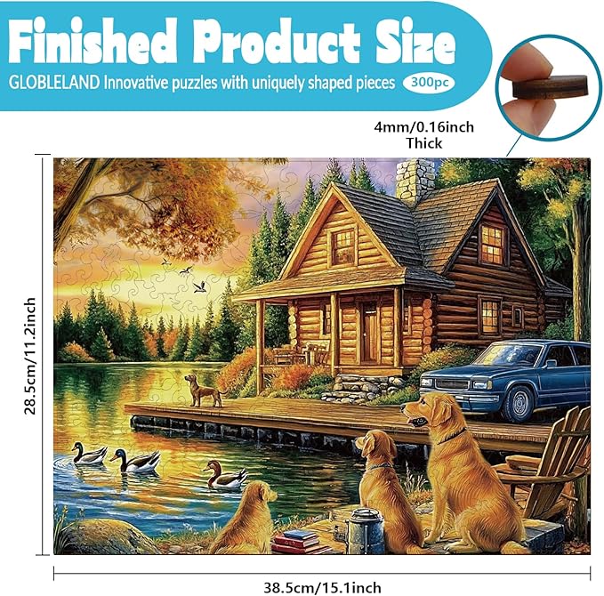 GLOBLELAND 300Pcs Lake Dog Wooden Jigsaw Puzzles for Adults 11.22x15.16inch Colorful Golden Retriever and Duck Wood Puzzles Holiday Birthday Gifts