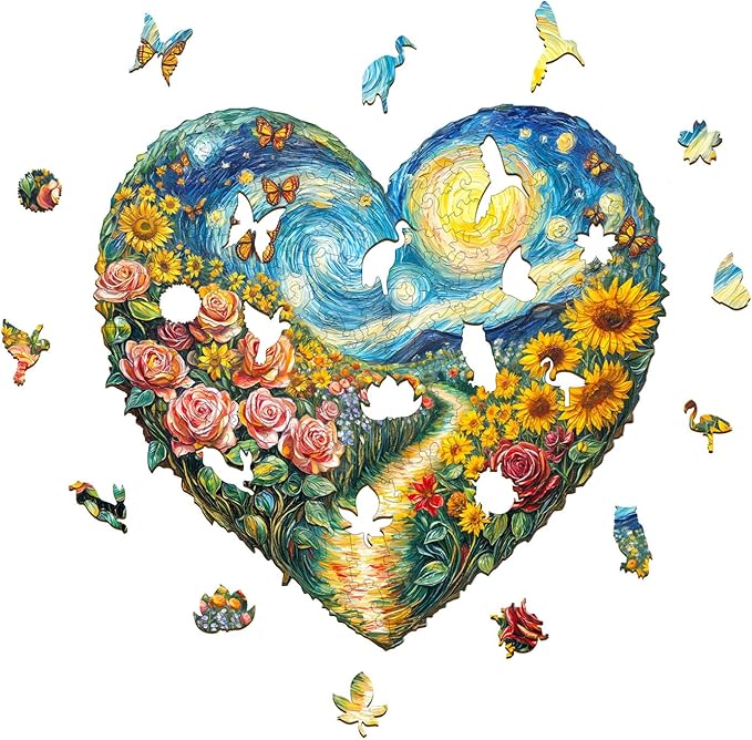 Wooden Puzzles for Adults - 100 Pieces Heart-Shaped Garden Wooden Puzzle - Unique Shape Wood Cut Puzzles - Eco-Friendly Home Office Decor (S-8.5 * 8in)