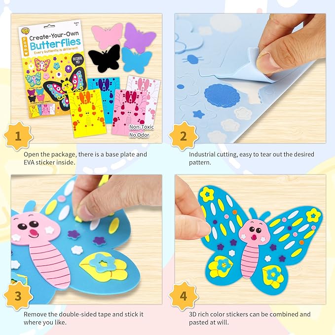 VKPI 4 Butterflies Foam Art Crafts Gift Kit, Creative Make Your Own Butterflies, Cartoon Paper Craft Projects for Kids Ages 4+ Toddler, Preschool Learning Toy for Birthday Party Favor Supplies