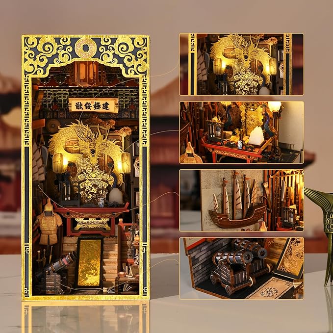 DIY Book Nook Kit for Adults, 3D Wooden Puzzle Bookend Bookshelf Insert Decor with LED Light and Dust Cover (The Emperor's Study)
