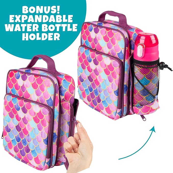 Bentology Kids Lunch Bag Set w Matching Reusable Water Bottle & Hard Ice Pack- Pink Purple Mermaid- Insulated Tote, Stainless Steel Insulated Thermos, Hard Ice Pack- Back to School Lunchbox Kits